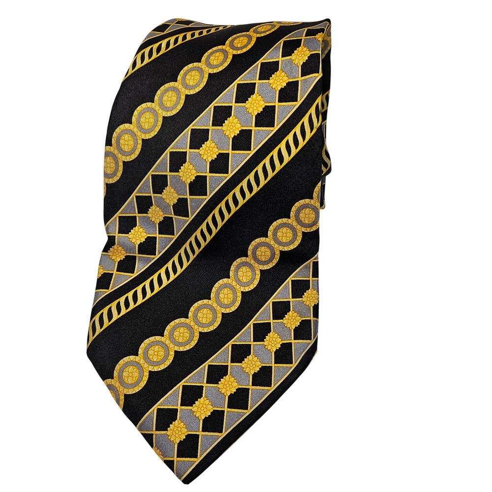 Marco Valenza Mens Silk Blend Tie Black Gold‎ Chain Medallion Baroque Geometric